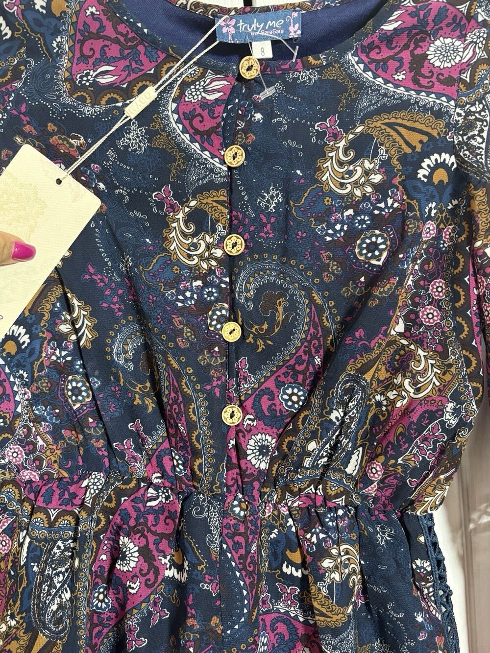 Truly Me by Sara Sara Girls Paisley Romper Navy Pink New With Tags . - Picture 4 of 8